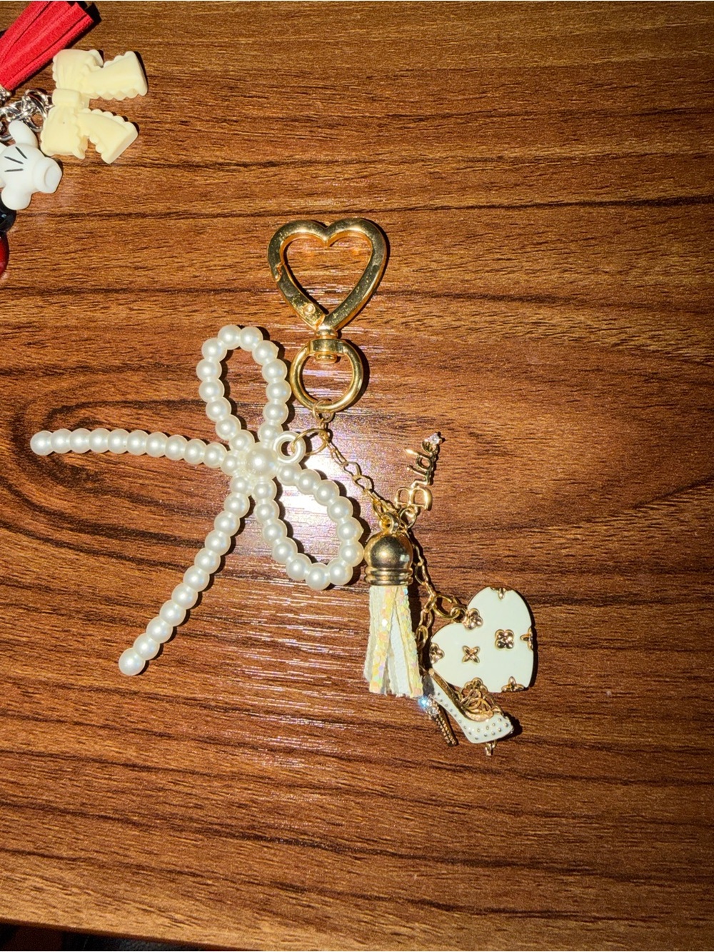 Pearl BRIDE Bow Charm Keychain with Gold Heart Clip